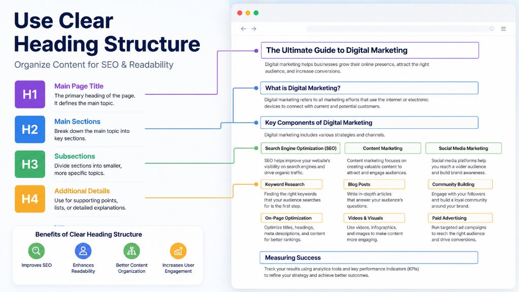 Use Clear Heading Structure: Content Hierarchy H1 to H4 for AI Crawling and SEO