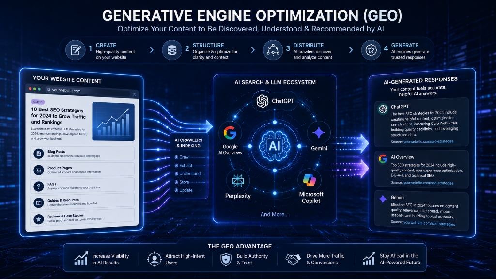 Generative Engine Optimization GEO Flow Diagram for AI Search Engine Visibility