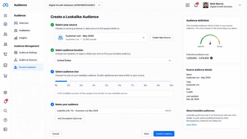 Creating Lookalike Audiences in Meta Audience Dashboard